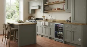 A classic painted Shaker-style kitchen featuring a built-in wine fridge integrated into the base units.