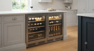 An under-counter large wine fridge fitting seamlessly under a kitchen worktop in a UK home.