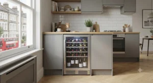 An under-counter wine cooler fitted neatly between cupboards in a compact London apartment kitchen.