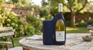 Waterproof wine bottle cooler sleeve preventing condensation on a wooden table