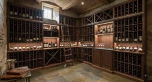 Custom-built large floor-standing wine rack providing extensive storage for an impressive wine collection in a home cellar.