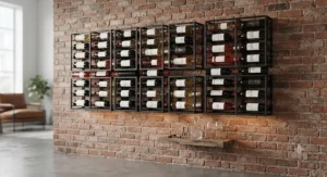 Minimalist black metal industrial wine rack mounted on a brick feature wall