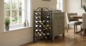 Compact freestanding wrought iron wine rack designed for small dining room spaces