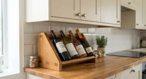 Solid oak small countertop wine rack for kitchen fitting neatly beneath wall cabinets