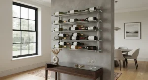 A high-end contemporary wall mounted wine rack featuring glass shelves and metal accents.