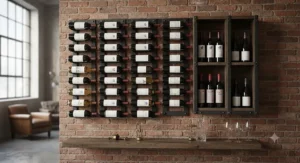 Contemporary industrial wall mounted wine rack holding selection of red and white wines