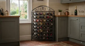 Corner-fitting freestanding wrought iron wine rack optimising space in a British home kitchen