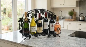 Decorative metal countertop wine rack that combines practical bottle storage with contemporary kitchen decor.