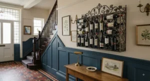 Ornate wrought iron wall mounted wine rack adding a decorative touch to a classic British hallway.