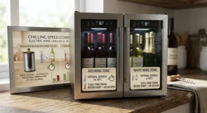 Diagram explaining dual zone electric wine cooler cooling time settings for simultaneous red and white wine storage.
