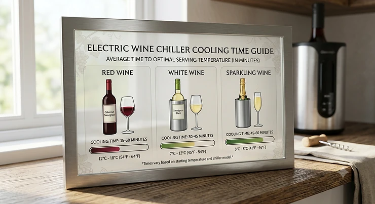 Infographic chart displaying electric wine chiller cooling time in minutes for red, white, and sparkling wines.