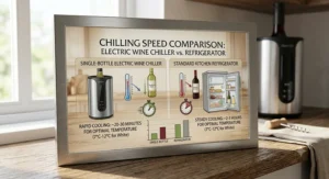 Comparison diagram showing electric wine chiller cooling time versus standard kitchen refrigerator chilling speed.