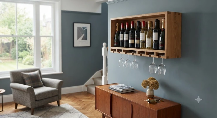 Wall-mounted oak floating wine rack holding bottles and glasses in a modern British living room.