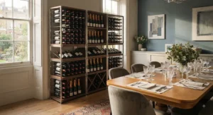 Freestanding modular wine rack system positioned beside a dining table ready for dinner party hosting.