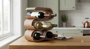 Freestanding wooden countertop wine rack placed neatly on a wooden kitchen worktop
