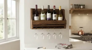 Close-up of a kitchen wall wine rack with glass holder showing bottles and inverted wine glasses.