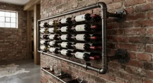 Heavy duty industrial wine rack showing robust wall mounting and steel construction