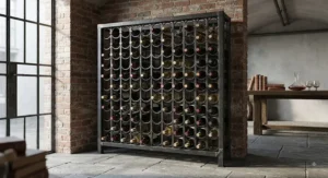 Heavy-duty wrought iron freestanding wine storage unit showcasing an industrial design