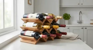 Space-saving horizontal wooden countertop wine rack holding bottles securely
