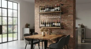 Industrial pipe and wood floating wine rack for wall display in a dining space.