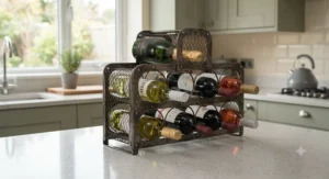 Industrial-style metal wine rack displayed on a kitchen worktop, ideal for storage in a small space.