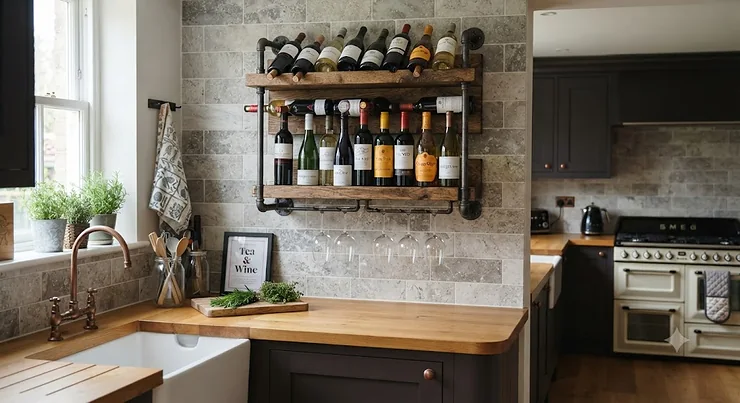 A rustic industrial wall mounted wine rack installed in a modern British kitchen, industrial wall mounted wine rack