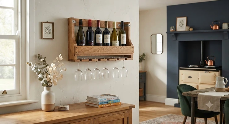 A rustic oak kitchen wall wine rack with an integrated glass holder mounted in a modern British dining room.