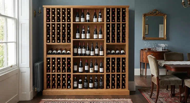 A large floor-standing wine rack in a warm oak finish, perfectly sized for a traditional British dining room.