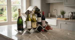 Elegant brushed metal countertop wine rack, perfect for storing premium wines in a stylish home.