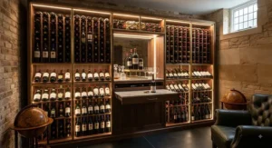Elegant, large floor-standing wine rack with integrated lighting to showcase premium vintages.