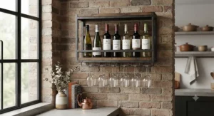 Combination metal and wood kitchen wall wine rack with glass holder installed on an exposed brick wall.