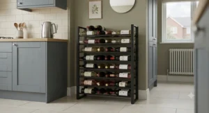 Black metal freestanding wine rack positioned neatly in a contemporary UK kitchen.