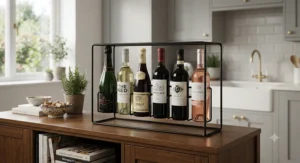 Minimalist black metal countertop wine rack providing tidy organisation for wine bottles on a kitchen sideboard.