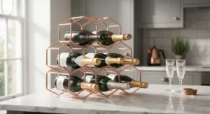 Geometric rose gold countertop wine rack holding artisanal bottles of English sparkling wine