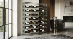 Contemporary glass and metal freestanding wine rack displaying a fine collection of red wine.