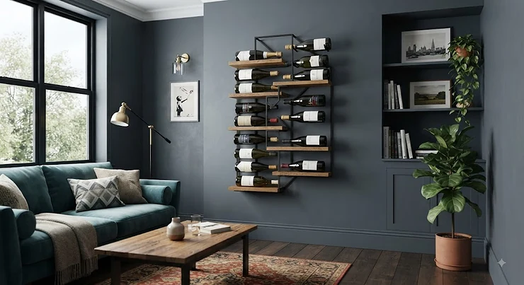 A sleek, industrial-style wall mounted wine rack holding several bottles in a modern British living room.