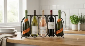 Black wire small countertop wine rack for kitchen holding standard wine and prosecco bottles