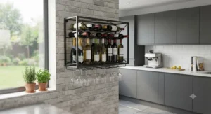 Black metal floating wine rack for wall storage mounted in a contemporary kitchen.