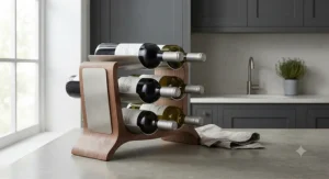 Contemporary wooden countertop wine rack featuring sleek metal and wood finishes