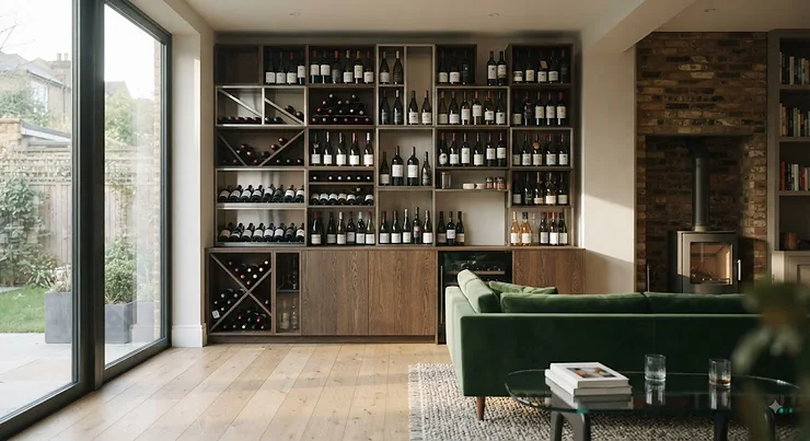 A stylish modular wine rack system holding a curated collection of bottles in a modern British living room.