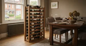 Solid oak freestanding wine rack styled next to a dining table for easy entertaining.