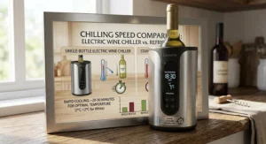 Illustration of a rapid single bottle electric wine chiller showing fast cooling times for white wine.
