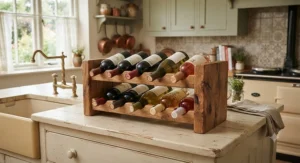 Rustic solid oak countertop wine rack showing natural wood grain in a country-style kitchen