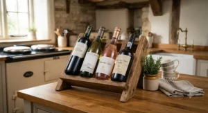 Rustic wooden small countertop wine rack for kitchen blending into a traditional country home interior
