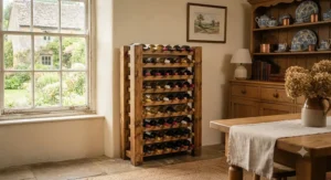 Rustic pine freestanding wine rack adding a traditional touch to a country-style home.