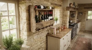 Rustic reclaimed timber floating wine rack for wall storage in a traditional country cottage kitchen.