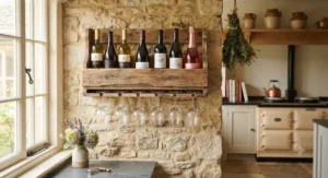 Distressed wooden kitchen wall wine rack with glass holder adding country charm to a cottage kitchen.