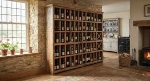 A rustic, large floor-standing wine rack handcrafted from reclaimed wood, adding character to a country-style home.