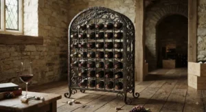 Rustic wrought iron floor-standing wine rack featuring detailed scrollwork