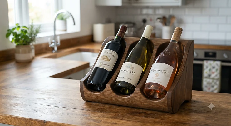 A compact small countertop wine rack for kitchen displaying three bottles on a wooden worktop